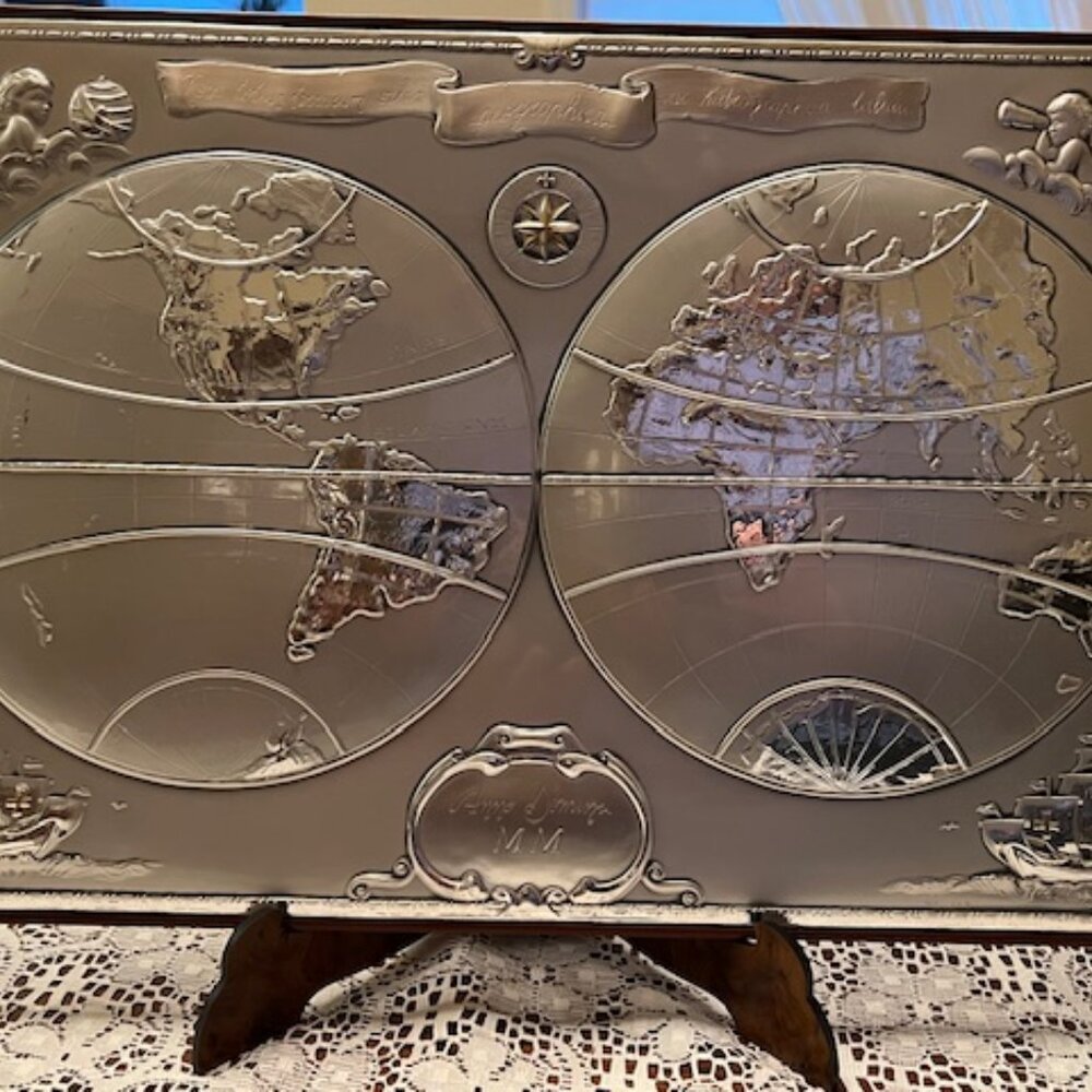 NEW Acca Valore Nel Bello New Land & Water World Map Silver Wood Plaque Italian